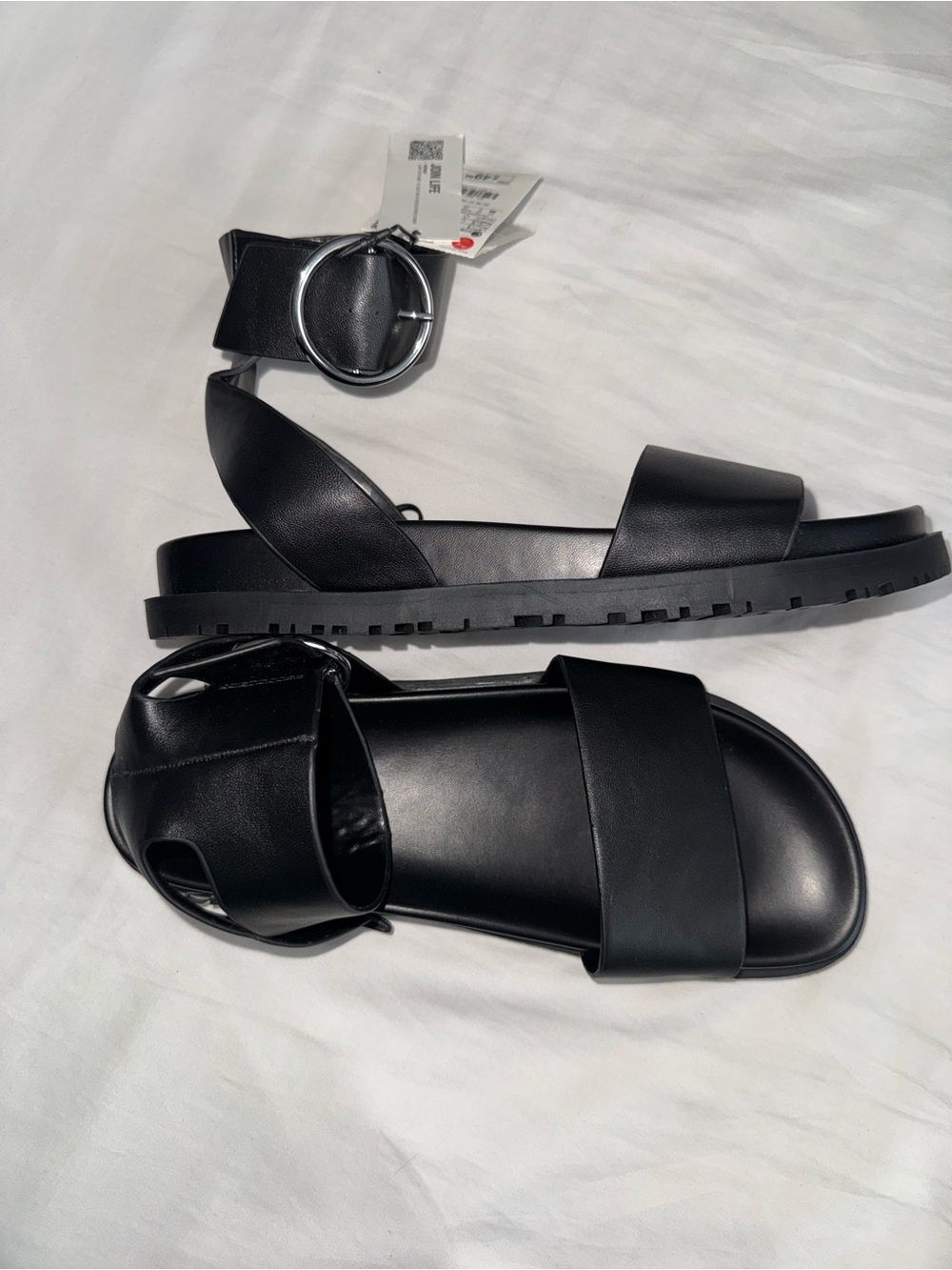 NWT Zara Black Faux Leather Ankle-Strap Sandals